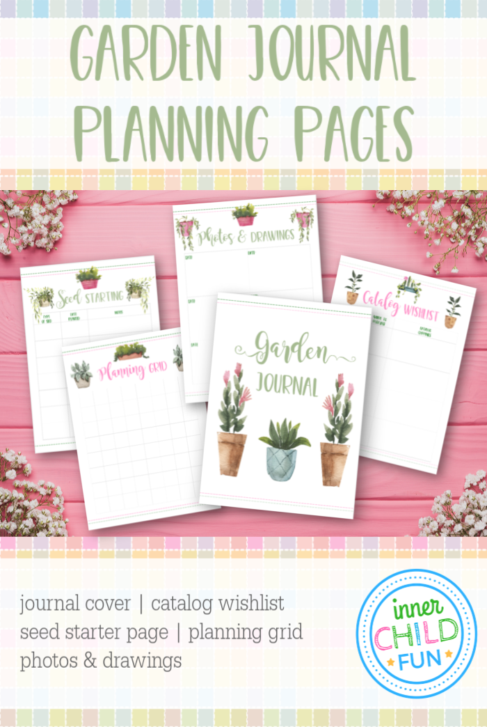 Garden Journal Planner Pages - journal cover, catalog wishlist, seed starter page, planning grid, photos & drawings.