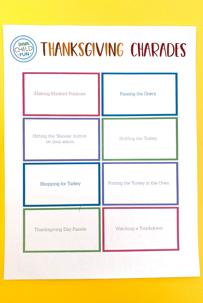 Thanksgiving Charades Game for Kids (Printable) Inner Child Fun