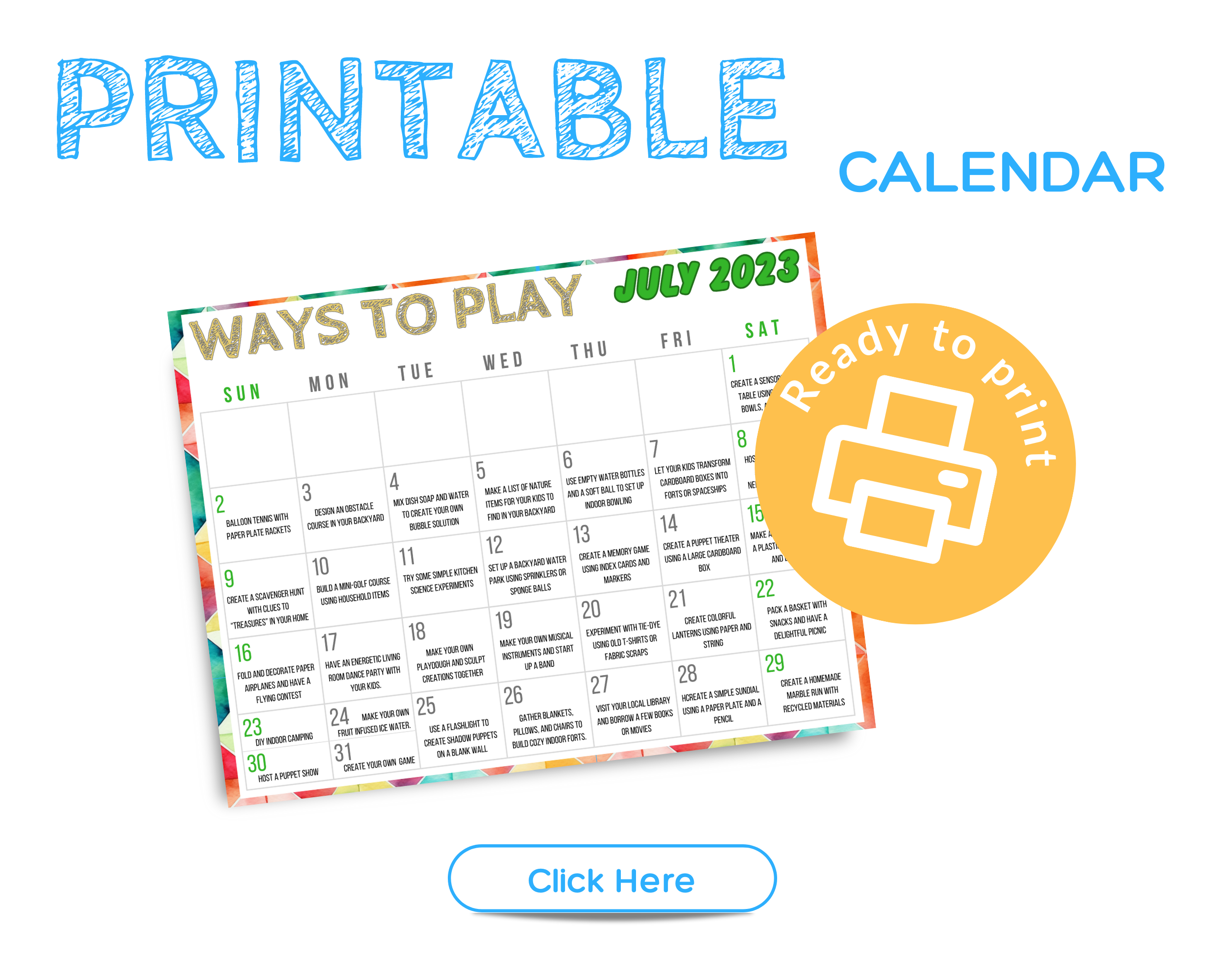 play ideas for July printable calendar